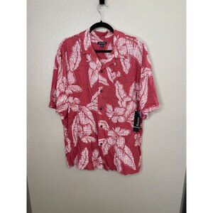 George Mens Red Floral Hawaiian Button-Up Shirt L/42-44 Lightweight Rayon Summer